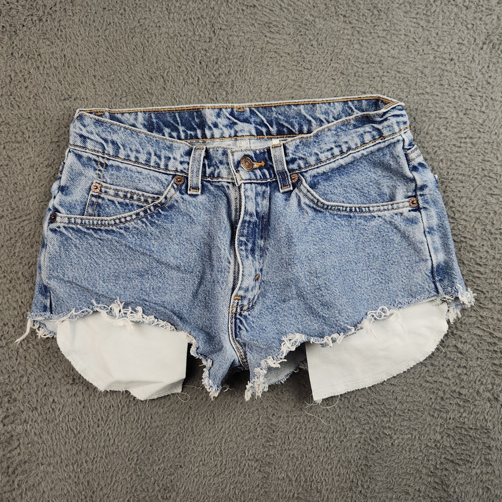 Vintage Levis 90s Low Rise Cut Off Denim Shorts Size 26 Mini Booty Orange Tabs